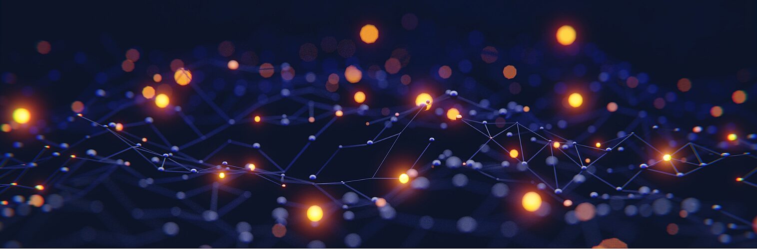 Abstract digital network visualization showing interconnected points and lines across a dark blue background, with glowing orange and white nodes scattered throughout. The image uses shallow depth of field and soft bokeh lighting effects to represent data flow, connectivity, artificial intelligence, or digital communication.