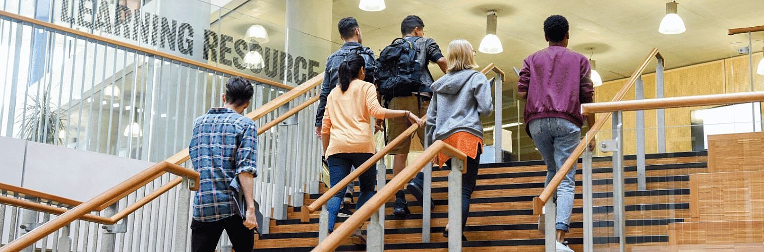 Group of students walking up stairs at university