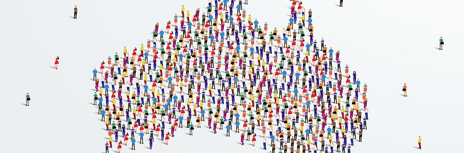 Large group of people forming a map of Australia.