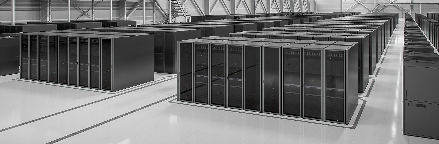 Massive industrial hall filled with high-performance computing clusters designed for training large language models and generative artificial intelligence systems.