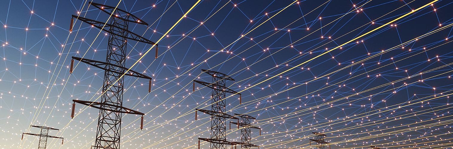 A futuristic visualisation of high-voltage transmission towers beneath a digital energy grid.