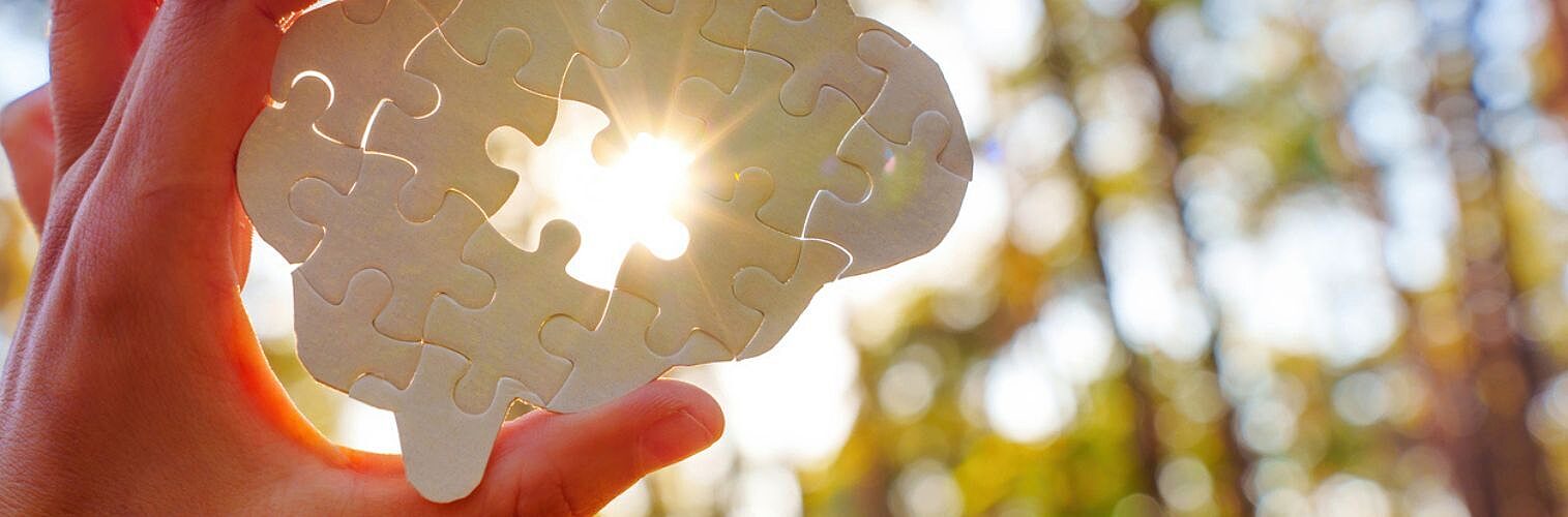 Hand holding a puzzle piece shaped like a brain, sunlight shining through in a forest setting.