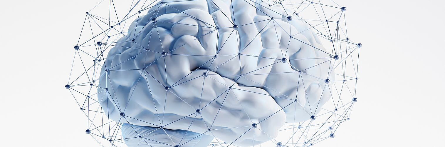 White brain surrounded with digital neural network structure.