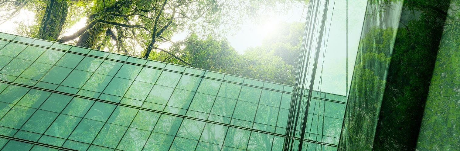 An eco-friendly building in a modern city.