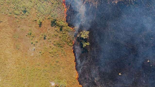 Aerial view of fire creeping across a landscape.