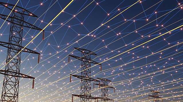A futuristic visualisation of high-voltage transmission towers beneath a digital energy grid.