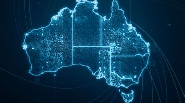A glowing digital map of Australia displayed with futuristic technology lines.