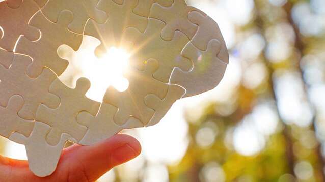 Hand holding a puzzle piece shaped like a brain, sunlight shining through in a forest setting.