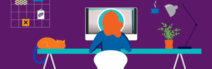 Stylised drawing of a woman sitting at a desk watching a video on a computer screen with a cat sleeping next to her