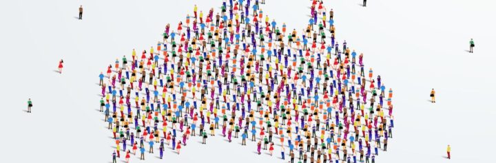 Large group of people forming a map of Australia.