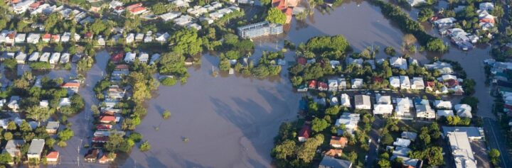 Aerial view of the residential area of the suburb of Milton during the Brisbane Flood of 2011.