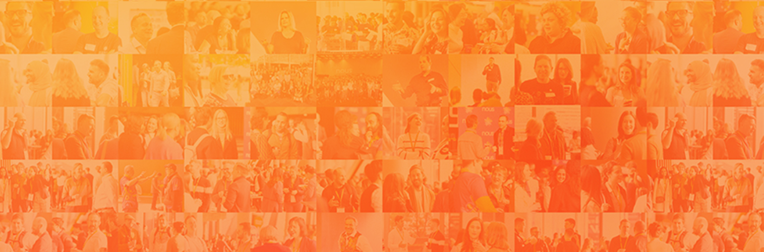 Collage of Nous photos with branded orange overlay