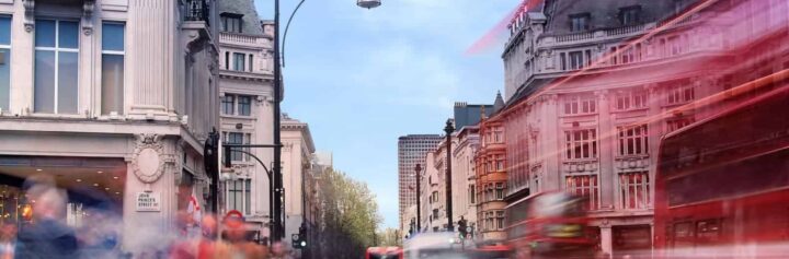 The streets of London with motion blur from traffic passing by